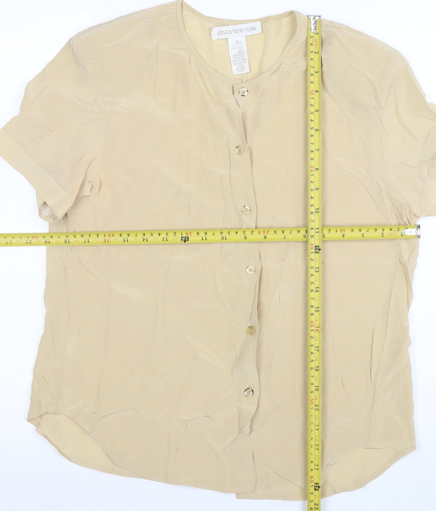 Jones New York Womens Beige Silk Short Sleeve Button-Up Shirt Size 8