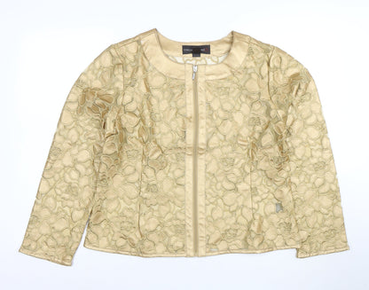Colleen Lopez Women Gold Floral Embroidered Zip Jacket L Short Formal