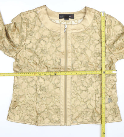 Colleen Lopez Women Gold Floral Embroidered Zip Jacket L Short Formal