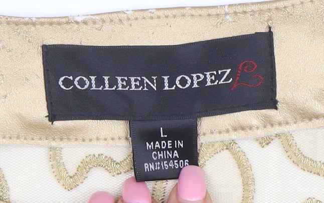 Colleen Lopez Women Gold Floral Embroidered Zip Jacket L Short Formal