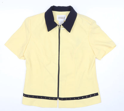 Jessica Womens Yellow Collared Zip Blouse Size 8 Short Sleeve