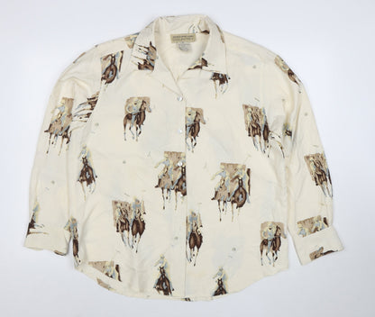 Jones New York Country Women’s Ivory Silk Polo Horse Print Button-Up Shirt Size 12