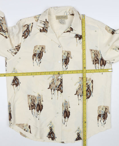 Jones New York Country Women’s Ivory Silk Polo Horse Print Button-Up Shirt Size 12