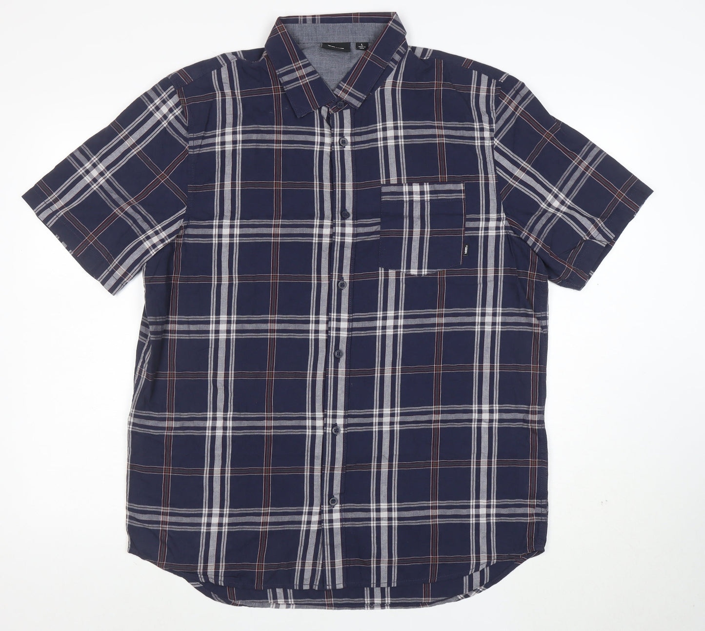 Vans Men's Blue Plaid Cotton Short Sleeve Button-Up Shirt L