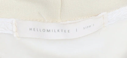 HELLOMILKTEE Womens Beige Pullover Hoodie Size S with Logo Print