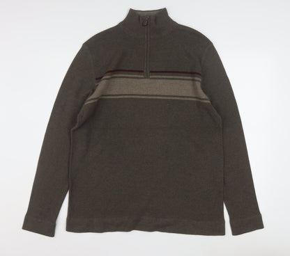 REUNION Men’s Brown 1/4 Zip High Neck Striped Jumper Size L