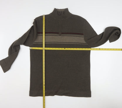 REUNION Men’s Brown 1/4 Zip High Neck Striped Jumper Size L