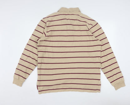 Tyrwhitt Men's Beige Striped Long Sleeve Cotton Polo Shirt Size M