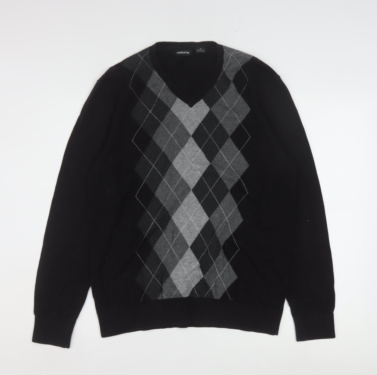 Claiborne Men's Black Argyle V-Neck Cotton Jumper Size M