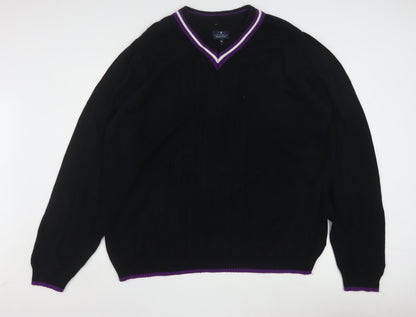 Tartan Blu Men's Black Purple Trim V-Neck Cotton Jumper XL
