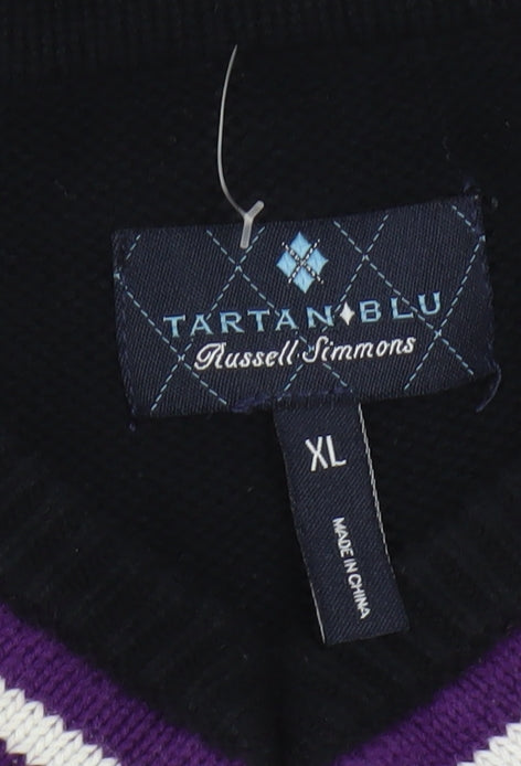 Tartan Blu Men's Black Purple Trim V-Neck Cotton Jumper XL