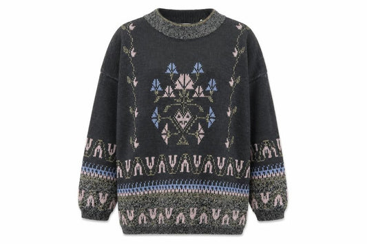 Editions Womens Grey Metallic Knit Bohemian Crew Neck Pullover Jumper One Size