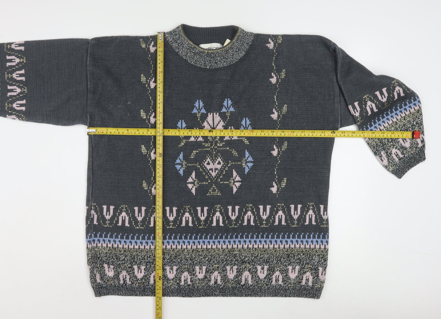 Editions Womens Grey Metallic Knit Bohemian Crew Neck Pullover Jumper One Size