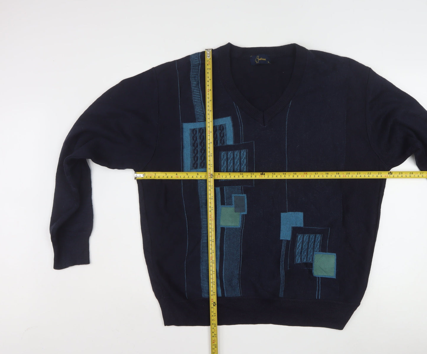 Gabicci Men's Blue Geometric V-Neck Pullover Jumper L Retro Acrylic