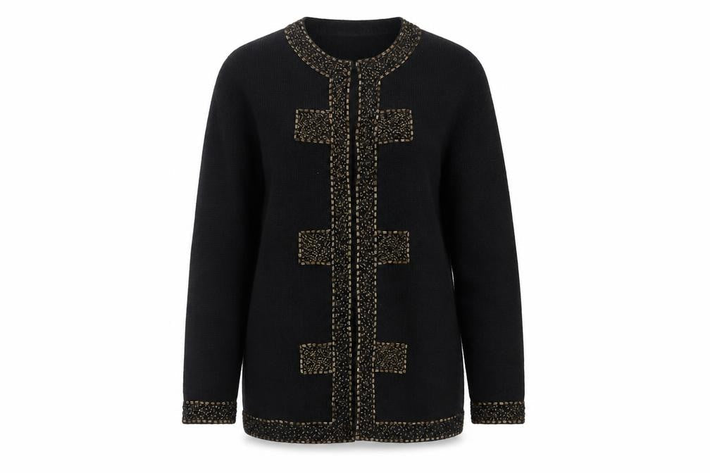 Nonpareil Women's Black Acrylic Cardigan Small Embellished Trim