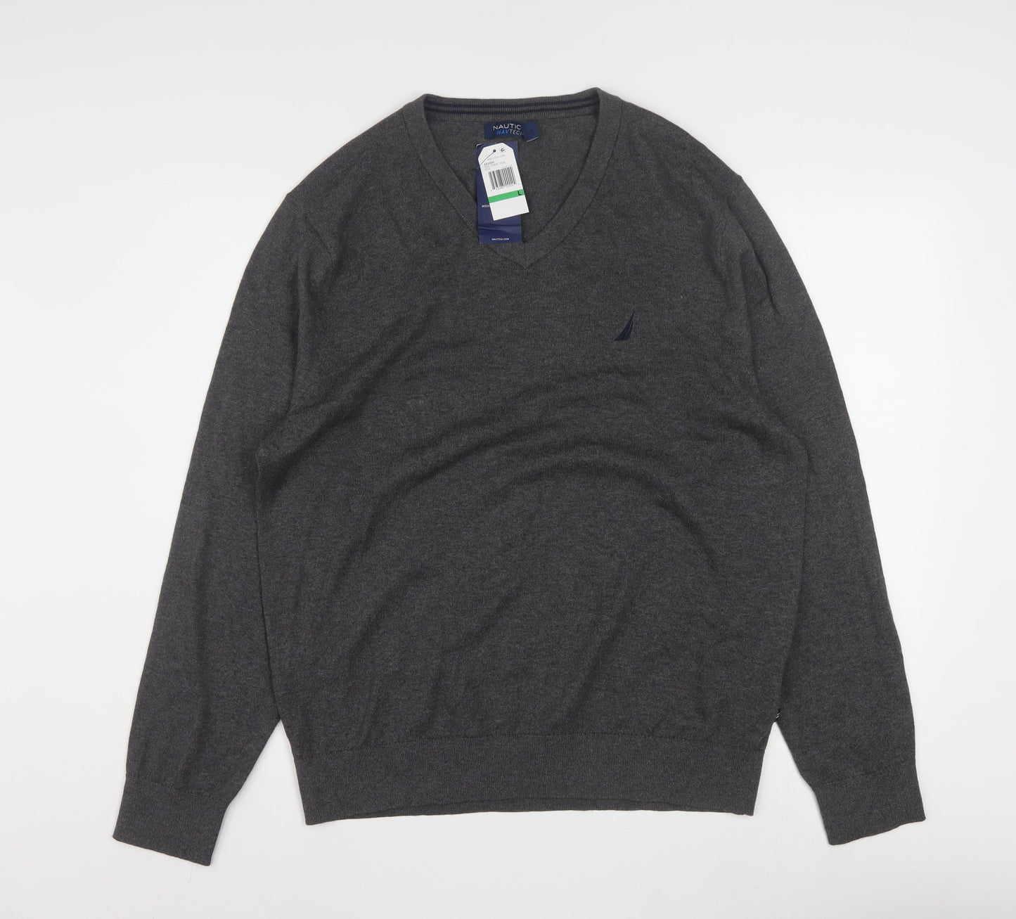 Nautica Men’s Grey V-Neck Pullover Jumper L Cotton Blend