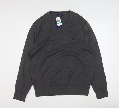 Nautica Men’s Grey V-Neck Pullover Jumper L Cotton Blend