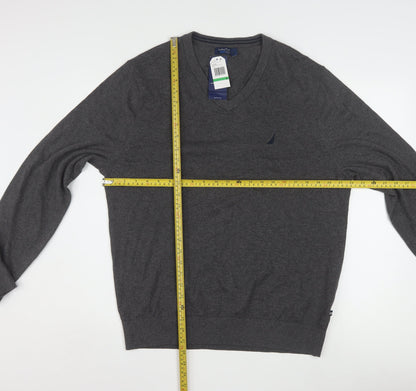 Nautica Men’s Grey V-Neck Pullover Jumper L Cotton Blend