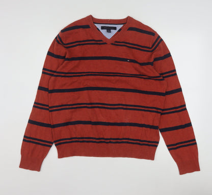 Tommy Hilfiger Men's Red Striped V-Neck Cotton Jumper Size M