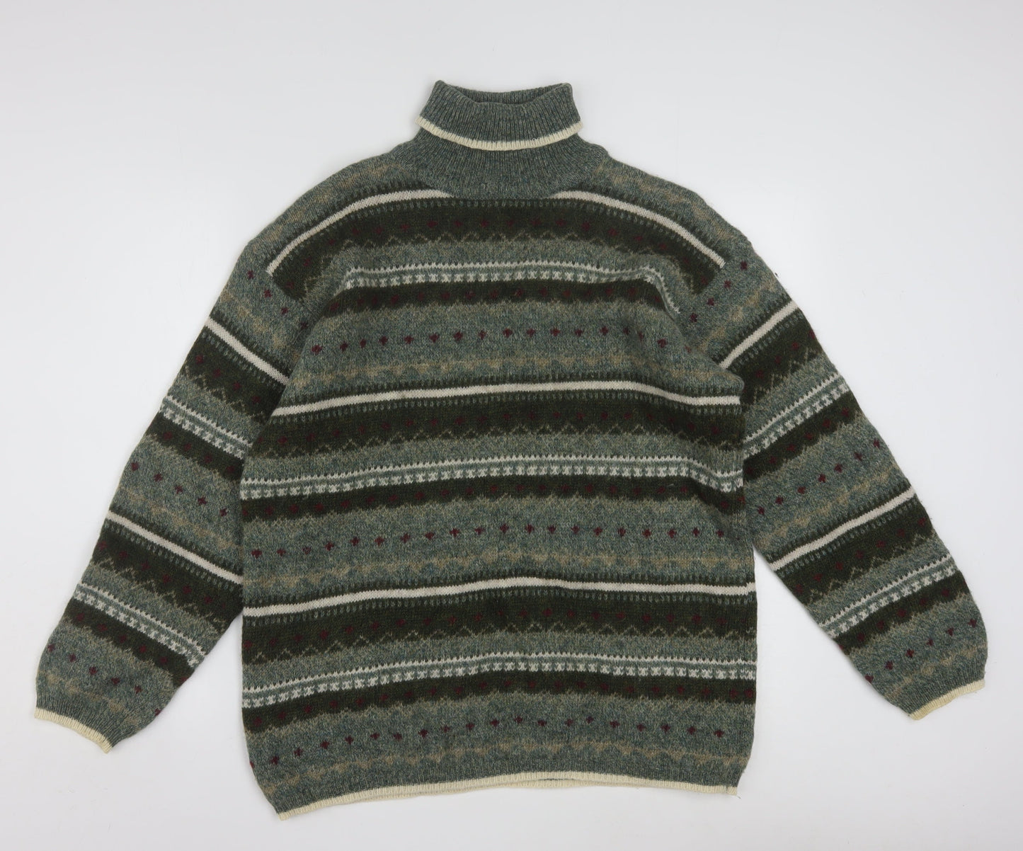 San Francisco Collection Men's Green Wool Fair Isle Roll Neck Jumper M