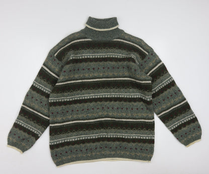 San Francisco Collection Men's Green Wool Fair Isle Roll Neck Jumper M