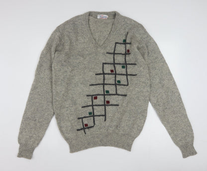 Friendship Men's Grey Wool V-Neck Geometric Pullover Jumper L