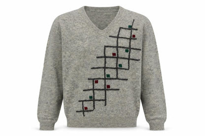 Friendship Men's Grey Wool V-Neck Geometric Pullover Jumper L