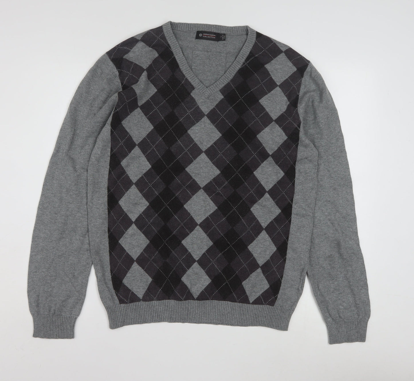 Ambassador Collection Men's Grey Argyle V-Neck Cotton Jumper Size L