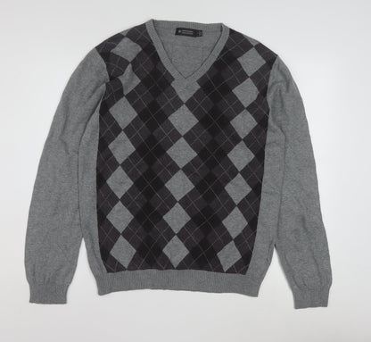 Ambassador Collection Men's Grey Argyle V-Neck Cotton Jumper Size L