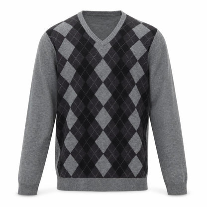 Ambassador Collection Men's Grey Argyle V-Neck Cotton Jumper Size L