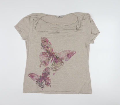 Tu Women’s Beige Butterfly Print Short Sleeve Viscose T-Shirt Size 16