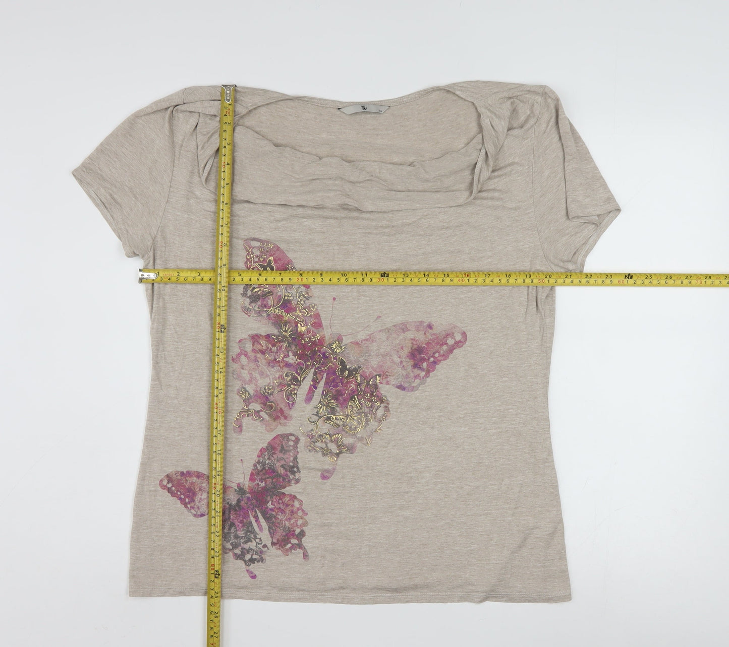 Tu Women’s Beige Butterfly Print Short Sleeve Viscose T-Shirt Size 16