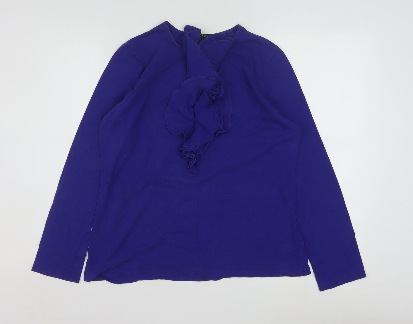 Ralph Lauren Women's Blue Ruffle Long Sleeve Cotton Modal Tunic Blouse L