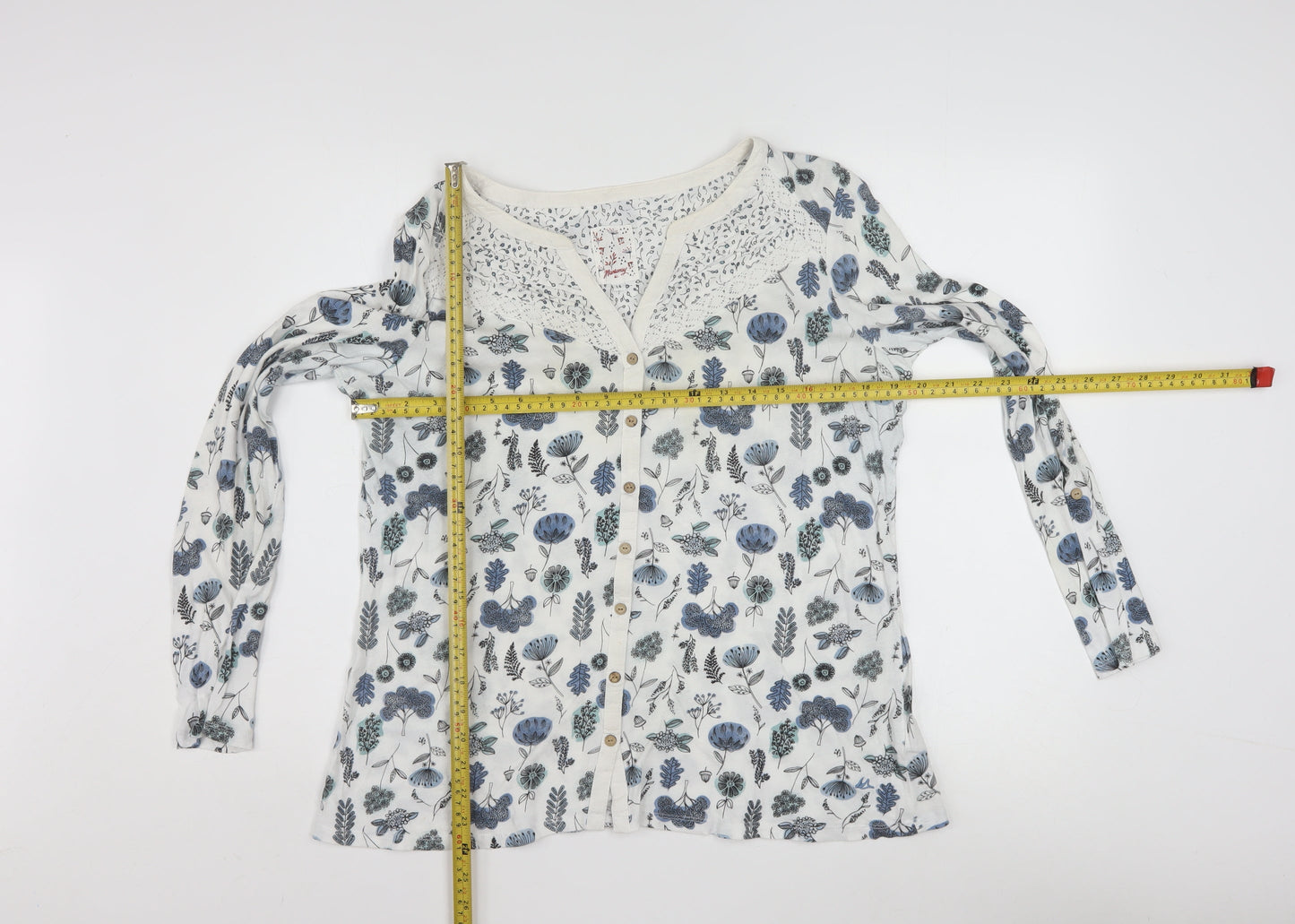 Mantaray Women’s White Floral Long Sleeve Cotton Tunic Blouse Size 14