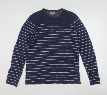 Ted Baker Men Blue Striped Cotton Long Sleeve Button Crew Neck Top M