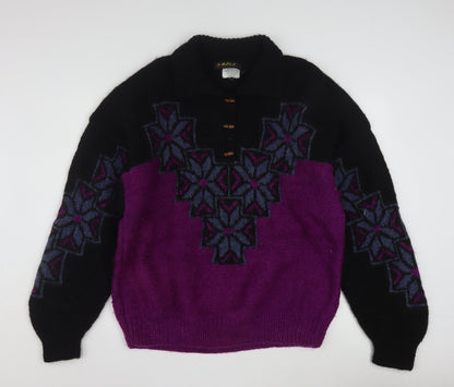 Lazle Men's Purple Black Wool Collared Chunky Knit Pullover Jumper L