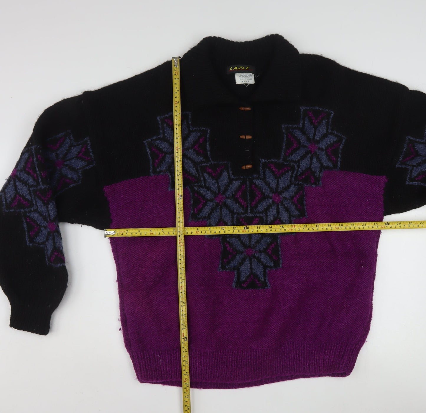 Lazle Men's Purple Black Wool Collared Chunky Knit Pullover Jumper L