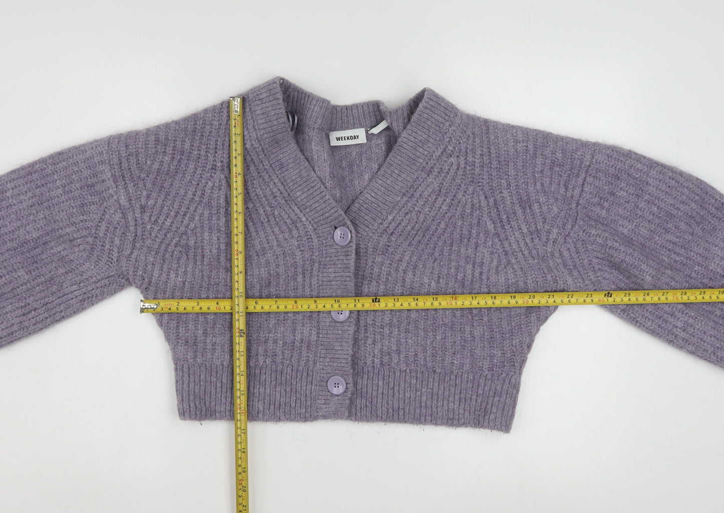 Weekday Women Purple Ribbed Cropped Cardigan XS Wool Blend Knit