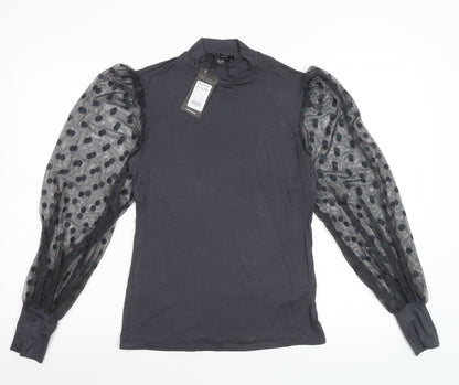 New Look Women’s Black Polka Dot Mesh Sleeve High Neck Blouse UK 14