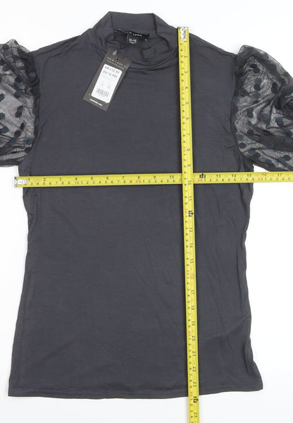 New Look Women’s Black Polka Dot Mesh Sleeve High Neck Blouse UK 14
