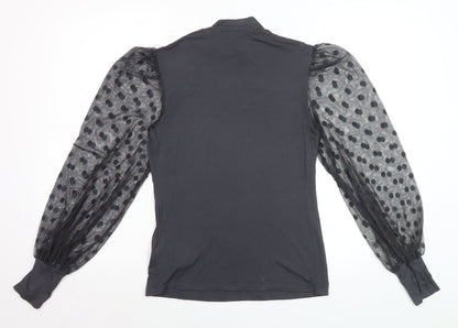 New Look Women’s Black Polka Dot Mesh Sleeve High Neck Blouse UK 14
