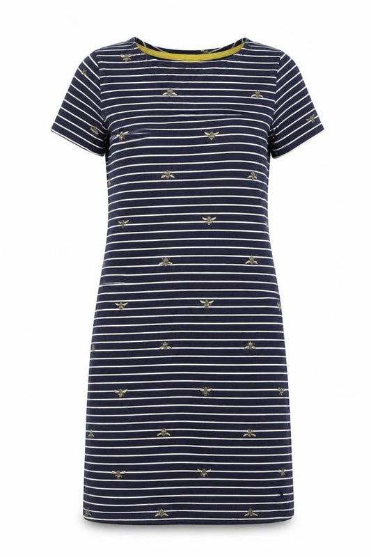 Joules Women’s Blue Striped Bee Embroidered Cotton T-Shirt Dress Size 10