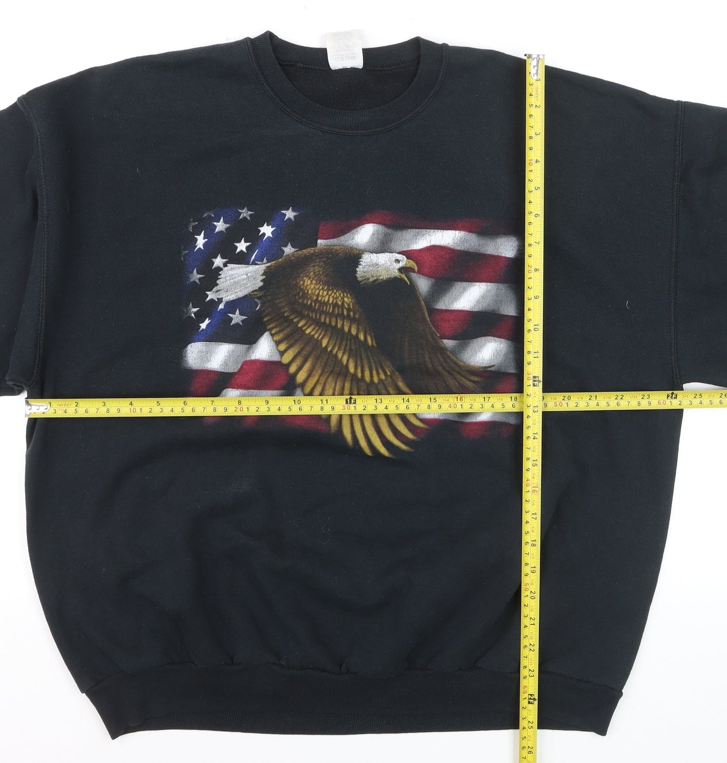 Jerzees Men's Black Patriotic Eagle Flag Crew Neck Fleece Sweatshirt L
