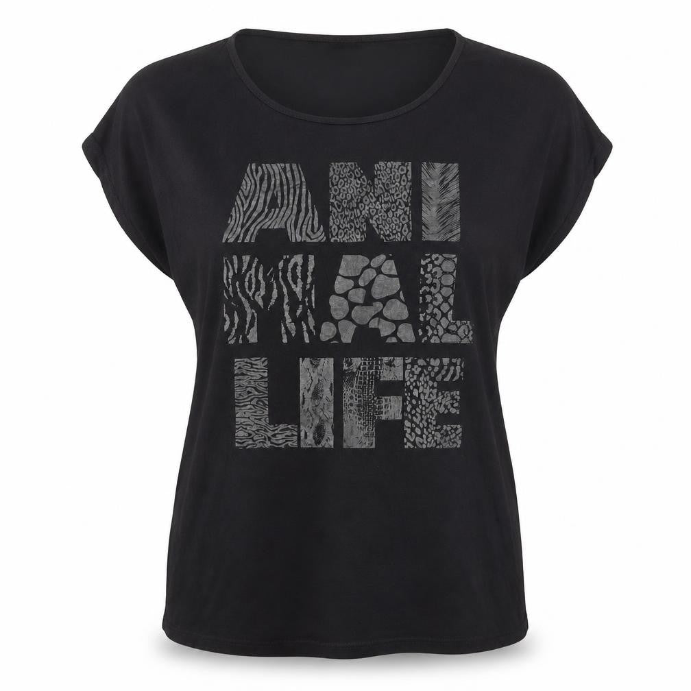 Encuentro Women's Black XL Animal Print Relaxed Rayon T-Shirt