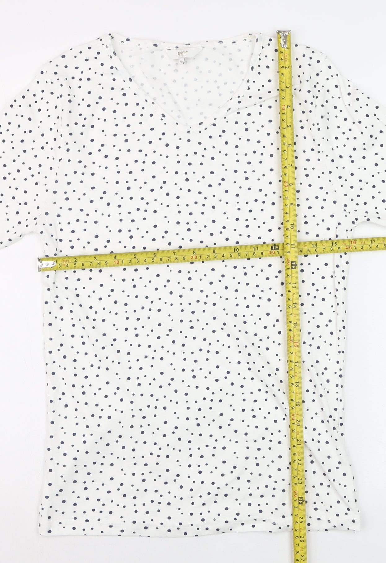 Cotton Traders Womens Ivory Polka Dot 3/4 Sleeve V-Neck T-Shirt Size 10