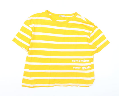 Zara Trafaluc Women's Yellow Striped Cropped Cotton T-Shirt S