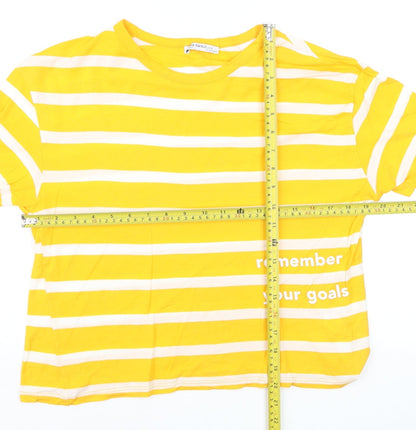 Zara Trafaluc Women's Yellow Striped Cropped Cotton T-Shirt S