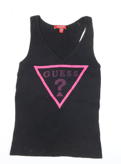 Guess Womens Black XS V-Neck Logo Tank Top