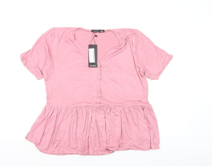 Boohoo Women's Pink Peplum V-Neck Short Sleeve Blouse Size 16