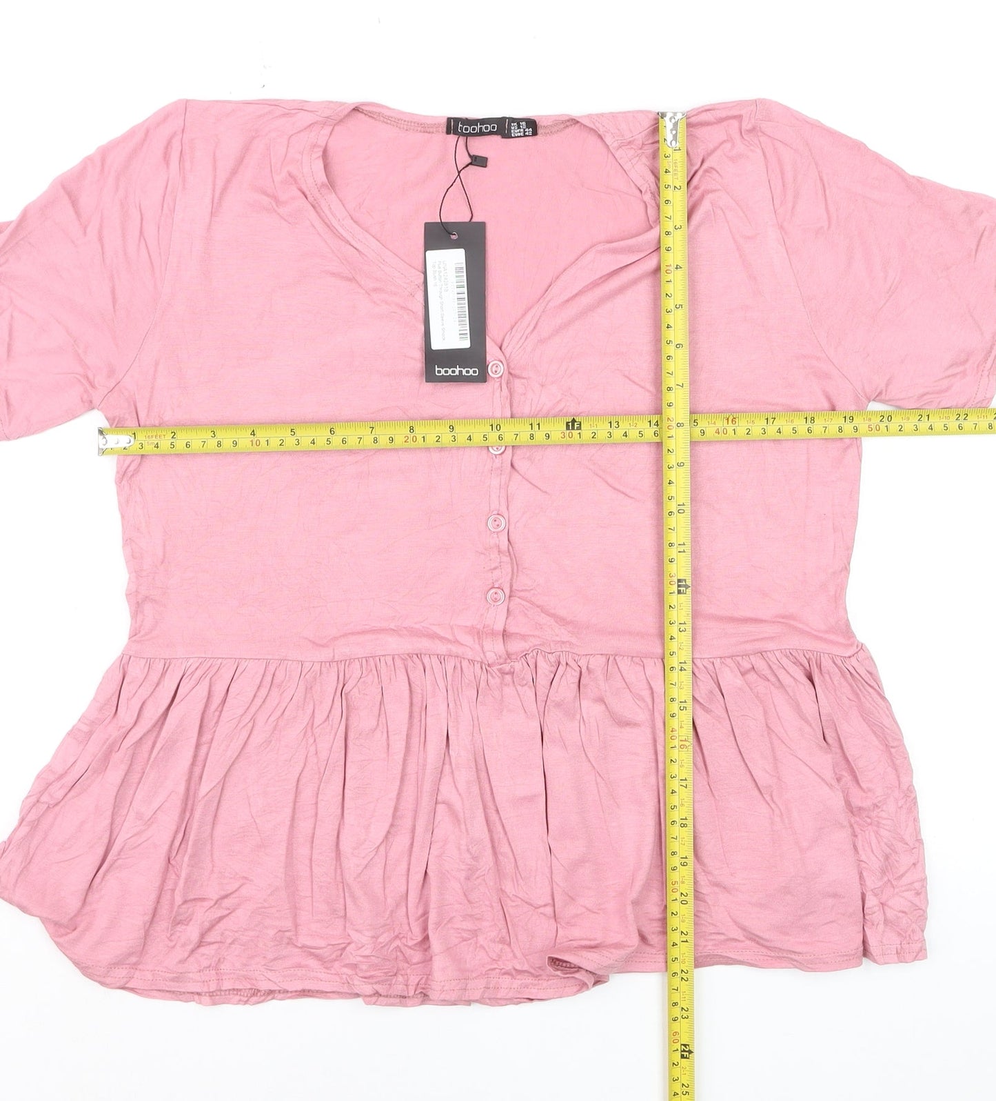 Boohoo Women's Pink Peplum V-Neck Short Sleeve Blouse Size 16